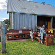 Load image into Gallery viewer, TWO Piece Set Children's Mud Kitchen, Outdoor Play Kitchen, Working Tap, Double Oven Door & Stove Top, Hardwood, Australian Made Educational Resources