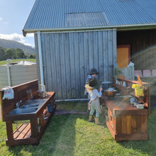 Load image into Gallery viewer, TWO Piece Set Children's Mud Kitchen, Outdoor Play Kitchen, Working Tap, Double Oven Door & Stove Top, Hardwood, Australian Made Educational Resources
