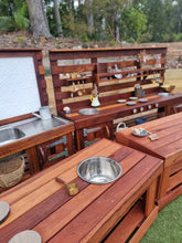 Load image into Gallery viewer, FOUR Piece Hardwood Mud Kitchen Set, High Back Frame, Outdoor Play Kitchen, Working Tap, Double Oven Door & Stove Tops, Hardwood, Australian Made Educational Resources