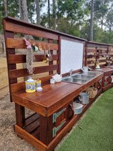 Load image into Gallery viewer, TWO Piece Set Children's Mud Kitchen, High Back Frame, Outdoor Play Kitchen, Working Tap, Double Oven Door & Stove Top, Hardwood, Australian Made Educational Resources