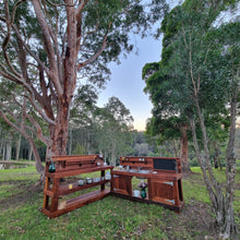 Load image into Gallery viewer, TWO Piece Taller Set, Outdoor Play Kitchen, Working Tap, Double Door, Work Bench, Hardwood, Australian Made Educational Resources