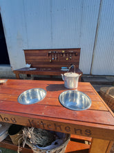 Load image into Gallery viewer, TWO Piece Set Children's Mud Kitchen Open-Ended Potion Play Table Hardwood Bench with Oven Door & Stove Top