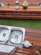 Load image into Gallery viewer, FOUR Piece Hardwood Mud Kitchen Set, High Back Frame, Outdoor Play Kitchen, Working Tap, Double Oven Door & Stove Tops, Hardwood, Australian Made Educational Resources