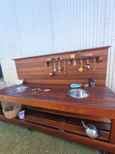 Load image into Gallery viewer, TWO Piece Set Children's Mud Kitchen Open-Ended Potion Play Table Hardwood Bench with Oven Door & Stove Top