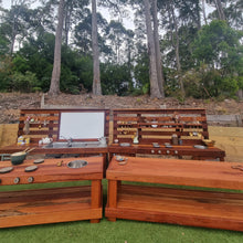 Load image into Gallery viewer, FOUR Piece Hardwood Mud Kitchen Set, High Back Frame, Outdoor Play Kitchen, Working Tap, Double Oven Door & Stove Tops, Hardwood, Australian Made Educational Resources