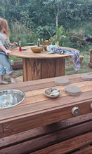 Load image into Gallery viewer, FOUR Piece Hardwood Mud Kitchen Set, Round Table, Outdoor Play Kitchen Set, Double Oven Door & Stove Tops, Hardwood, Australian Made Educational Resources