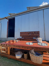 Load image into Gallery viewer, TWO Piece Set Children's Mud Kitchen Open-Ended Potion Play Table Hardwood Bench with Oven Door & Stove Top