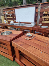 Load image into Gallery viewer, FOUR Piece Hardwood Mud Kitchen Set, High Back Frame, Outdoor Play Kitchen, Working Tap, Double Oven Door & Stove Tops, Hardwood, Australian Made Educational Resources