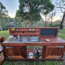 Load image into Gallery viewer, TWO Piece Taller Set, Outdoor Play Kitchen, Working Tap, Double Door, Work Bench, Hardwood, Australian Made Educational Resources