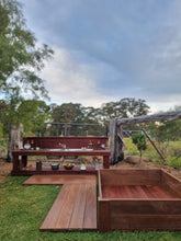 Load image into Gallery viewer, Hardwood Sandpit Planter Box With Mess Deck Lid on Wheels