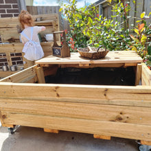 Load image into Gallery viewer, Hardwood Sandpit Planter Box With Mess Deck Lid on Wheels