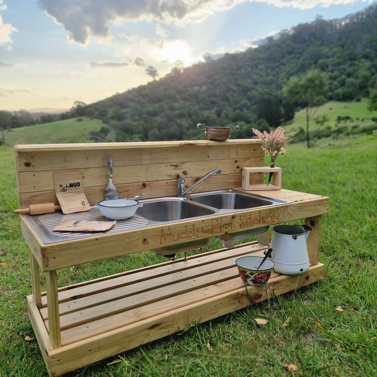 Children's Mud Kitchen Twin Bench Timber Bench Muddy Play Kitchens