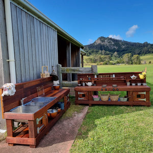 Children's Mud Kitchen Set, Outdoor Play Kitchen, Working Tap, Double Oven Door & Stove Top, Hardwood, Australian Made Educational Resources