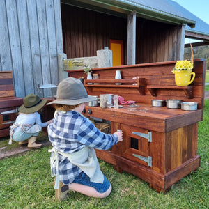 Children's Mud Kitchen Set, Outdoor Play Kitchen, Working Tap, Double Oven Door & Stove Top, Hardwood, Australian Made Educational Resources
