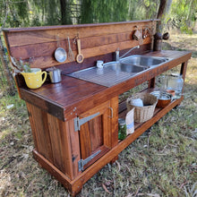 Load image into Gallery viewer, Taller 2m Hardwood Mud Kitchen, Outdoor Play Kitchen, Working Tap, Primary Educational Resource.
