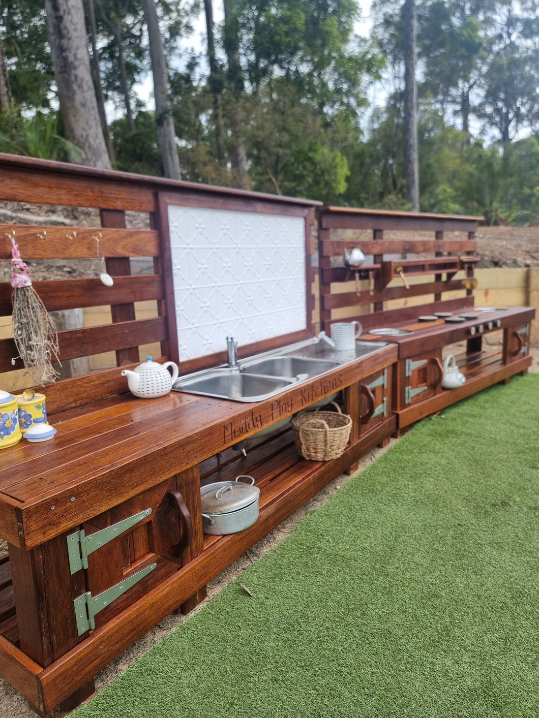 TWO Piece Set Children's Mud Kitchen, High Back Frame, Outdoor Play Kitchen, Working Tap, Double Oven Door & Stove Top, Hardwood, Australian Made Educational Resources