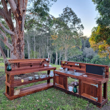 Load image into Gallery viewer, TWO Piece Taller Set, Outdoor Play Kitchen, Working Tap, Double Door, Work Bench, Hardwood, Australian Made Educational Resources
