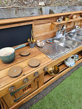 Load image into Gallery viewer, TWO Piece Set Children's Mud Kitchen, Outdoor Play Kitchen, Working Tap, Double Oven Door &amp; Stove Top, Hardwood, Australian Made Educational Resources
