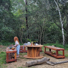 Load image into Gallery viewer, FOUR Piece Hardwood Mud Kitchen Set, Round Table, Outdoor Play Kitchen Set, Double Oven Door &amp; Stove Tops, Hardwood, Australian Made Educational Resources
