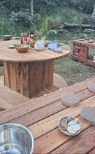 Load image into Gallery viewer, FOUR Piece Hardwood Mud Kitchen Set, Round Table, Outdoor Play Kitchen Set, Double Oven Door &amp; Stove Tops, Hardwood, Australian Made Educational Resources
