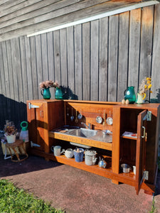 TWO Piece Set Children's Hardwood Mud Kitchens, Outdoor Play Kitchen, Working Tap, Fridge & Pantry Cupboard, Educational Resource