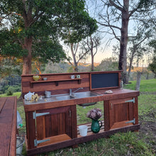 Load image into Gallery viewer, TWO Piece Taller Set, Outdoor Play Kitchen, Working Tap, Double Door, Work Bench, Hardwood, Australian Made Educational Resources
