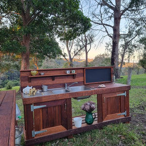 TWO Piece Taller Set, Outdoor Play Kitchen, Working Tap, Double Door, Work Bench, Hardwood, Australian Made Educational Resources