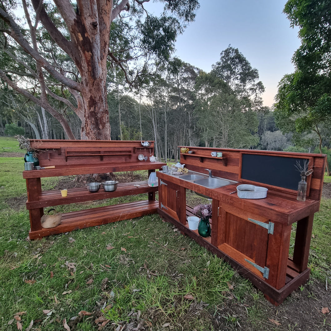 TWO Piece Taller Set, Outdoor Play Kitchen, Working Tap, Double Door, Work Bench, Hardwood, Australian Made Educational Resources
