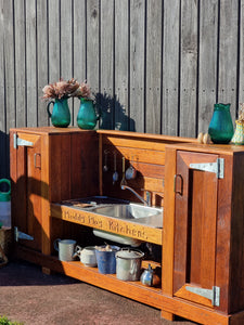 Children's Hardwood Mud Kitchen, Outdoor Play Kitchen, Working Tap, Fridge & Pantry Cupboard, Educational Resource