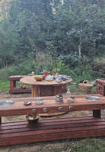 Load image into Gallery viewer, FOUR Piece Hardwood Mud Kitchen Set, Round Table, Outdoor Play Kitchen Set, Double Oven Door &amp; Stove Tops, Hardwood, Australian Made Educational Resources
