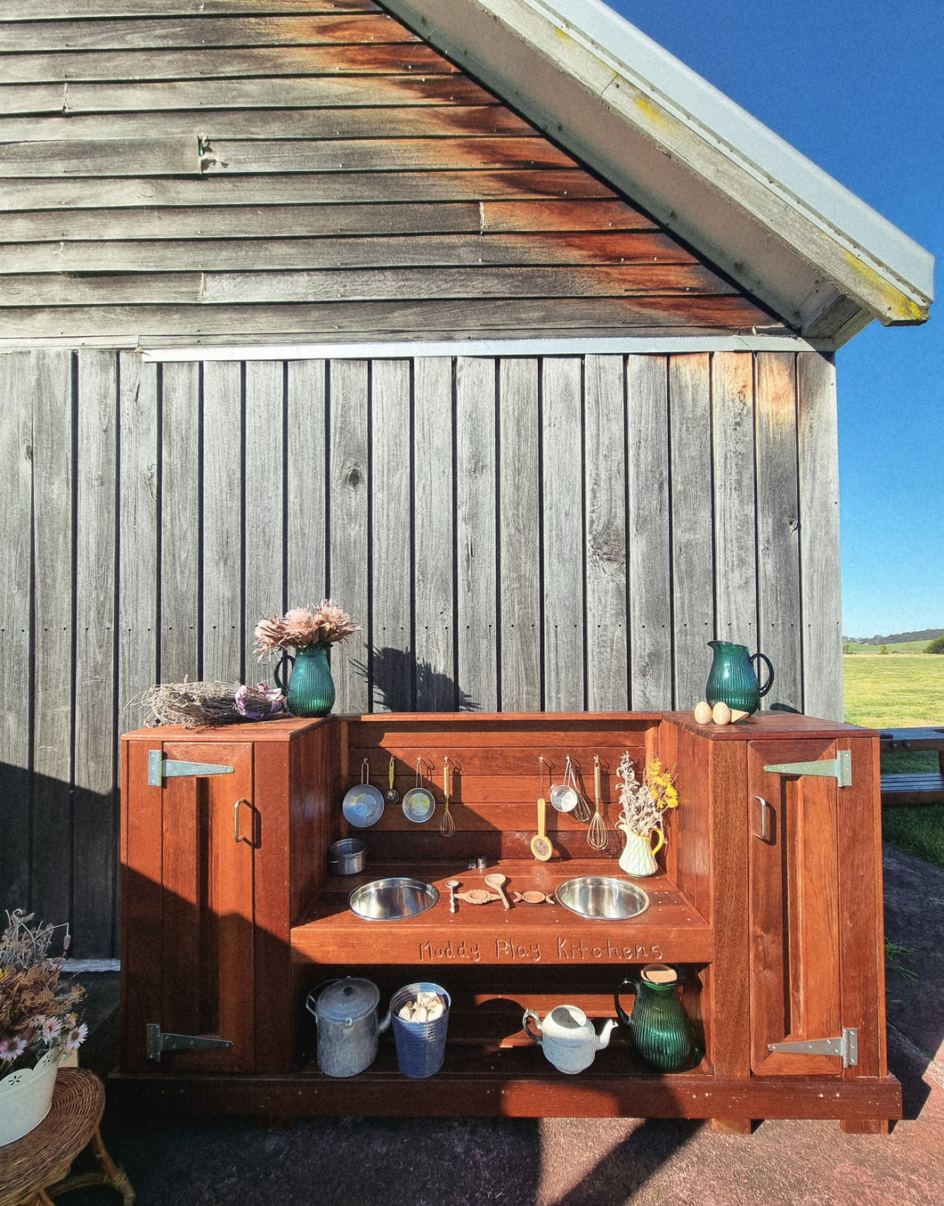 Children's Hardwood Mud Kitchen, Outdoor Play Kitchen, Fridge & Pantry Cupboard, Educational Resource