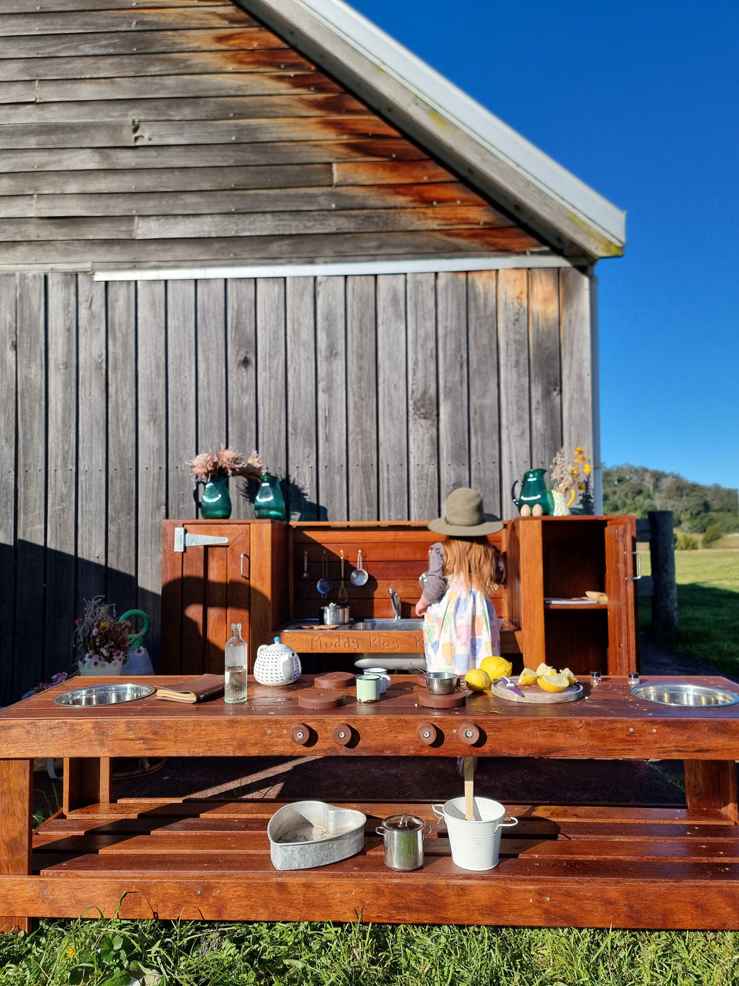 TWO Piece Set Children's Hardwood Mud Kitchens, Outdoor Play Kitchen, Working Tap, Fridge & Pantry Cupboard, Educational Resource