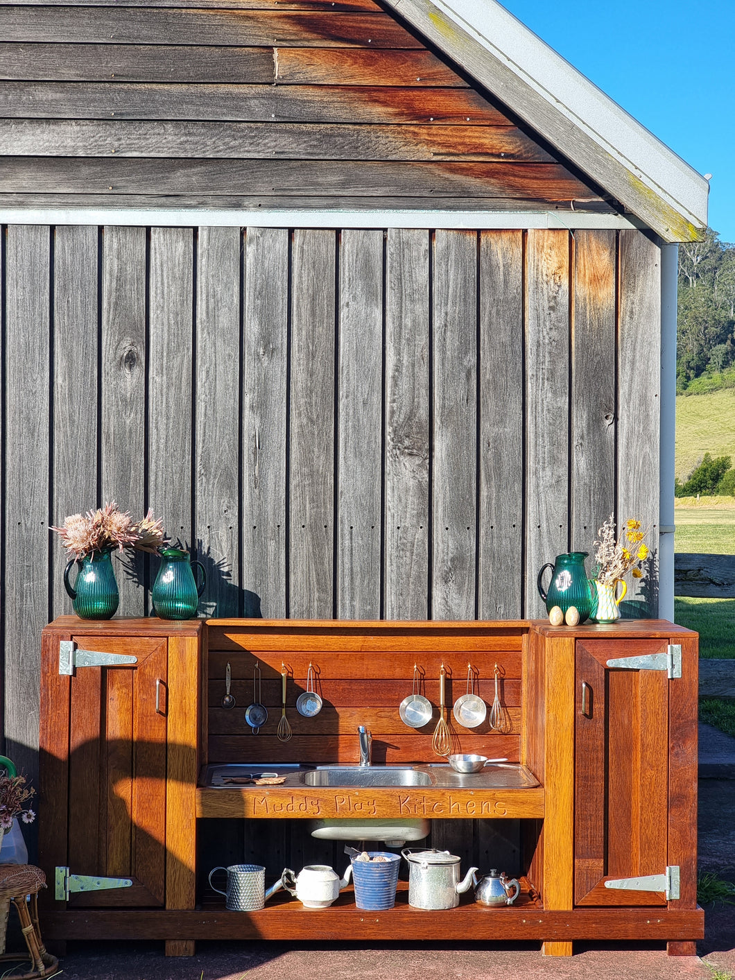 Children's Hardwood Mud Kitchen, Outdoor Play Kitchen, Working Tap, Fridge & Pantry Cupboard, Educational Resource