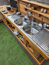 Load image into Gallery viewer, TWO Piece Set Children's Mud Kitchen, Outdoor Play Kitchen, Working Tap, Double Oven Door &amp; Stove Top, Hardwood, Australian Made Educational Resources
