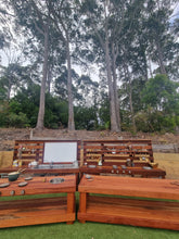 Load image into Gallery viewer, FOUR Piece Hardwood Mud Kitchen Set, High Back Frame, Outdoor Play Kitchen, Working Tap, Double Oven Door &amp; Stove Tops, Hardwood, Australian Made Educational Resources
