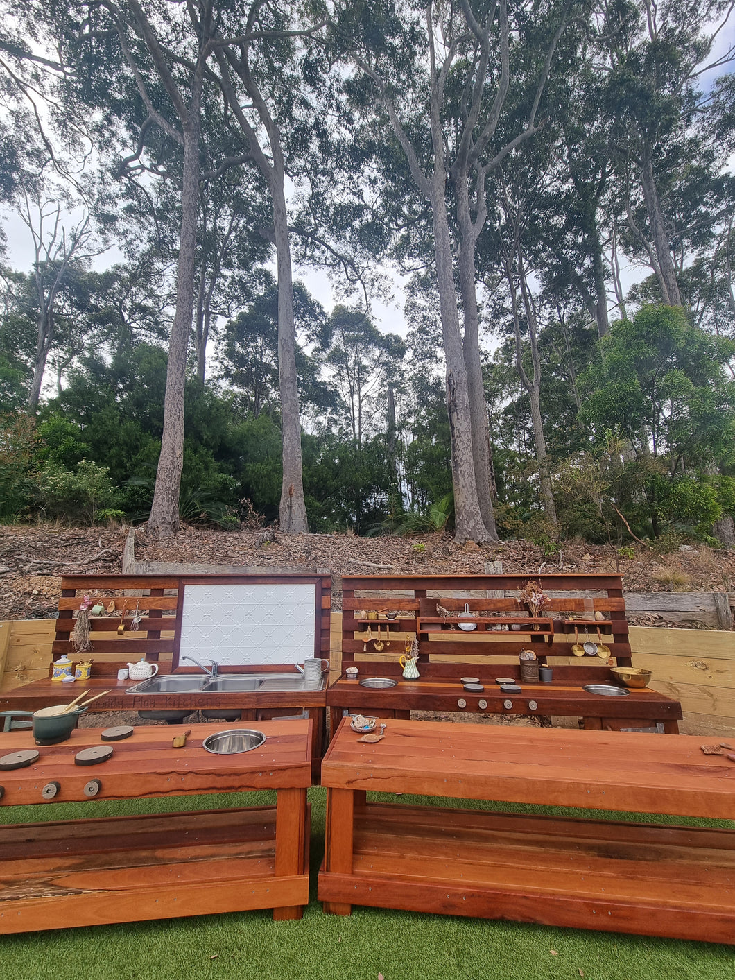 FOUR Piece Hardwood Mud Kitchen Set, High Back Frame, Outdoor Play Kitchen, Working Tap, Double Oven Door & Stove Tops, Hardwood, Australian Made Educational Resources