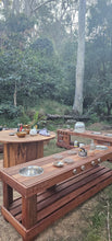 Load image into Gallery viewer, FOUR Piece Hardwood Mud Kitchen Set, Round Table, Outdoor Play Kitchen Set, Double Oven Door &amp; Stove Tops, Hardwood, Australian Made Educational Resources
