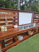 Load image into Gallery viewer, TWO Piece Set Children&#39;s Mud Kitchen, High Back Frame, Outdoor Play Kitchen, Working Tap, Double Oven Door &amp; Stove Top, Hardwood, Australian Made Educational Resources
