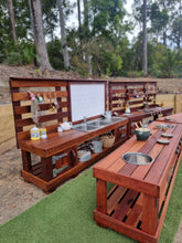 Load image into Gallery viewer, FOUR Piece Hardwood Mud Kitchen Set, High Back Frame, Outdoor Play Kitchen, Working Tap, Double Oven Door &amp; Stove Tops, Hardwood, Australian Made Educational Resources
