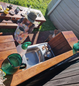 TWO Piece Set Children's Hardwood Mud Kitchens, Outdoor Play Kitchen, Working Tap, Fridge & Pantry Cupboard, Educational Resource