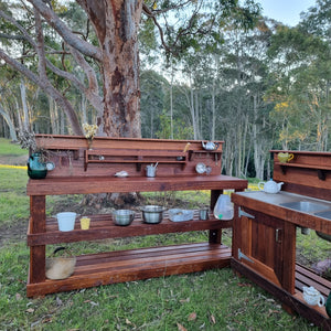 TWO Piece Taller Set, Outdoor Play Kitchen, Working Tap, Double Door, Work Bench, Hardwood, Australian Made Educational Resources