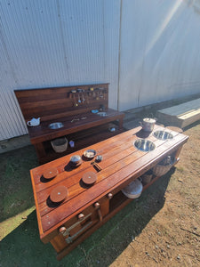 Children's Mud Kitchen, Open-Ended Potion Play Table Hardwood Bench with Oven Door & Stove Top