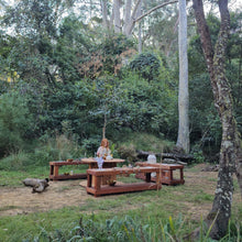 Load image into Gallery viewer, FOUR Piece Hardwood Mud Kitchen Set, Round Table, Outdoor Play Kitchen Set, Double Oven Door &amp; Stove Tops, Hardwood, Australian Made Educational Resources
