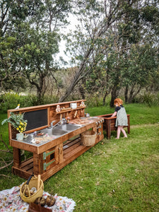 Children's Mud Kitchen, Outdoor Play Kitchen, Double Oven Door & Stove Top, Hardwood