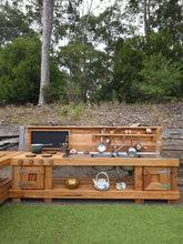 Load image into Gallery viewer, TWO Piece Set Children's Mud Kitchen, Outdoor Play Kitchen, Working Tap, Double Oven Door &amp; Stove Top, Hardwood, Australian Made Educational Resources
