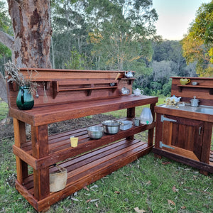 TWO Piece Taller Set, Outdoor Play Kitchen, Working Tap, Double Door, Work Bench, Hardwood, Australian Made Educational Resources
