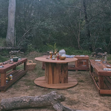 Load image into Gallery viewer, FOUR Piece Hardwood Mud Kitchen Set, Round Table, Outdoor Play Kitchen Set, Double Oven Door &amp; Stove Tops, Hardwood, Australian Made Educational Resources
