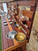 Load image into Gallery viewer, TWO Piece Set Children&#39;s Mud Kitchen, High Back Frame, Outdoor Play Kitchen, Working Tap, Double Oven Door &amp; Stove Top, Hardwood, Australian Made Educational Resources
