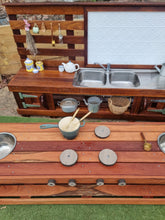 Load image into Gallery viewer, FOUR Piece Hardwood Mud Kitchen Set, High Back Frame, Outdoor Play Kitchen, Working Tap, Double Oven Door &amp; Stove Tops, Hardwood, Australian Made Educational Resources
