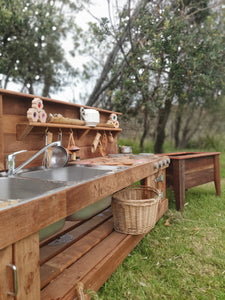 Children's Mud Kitchen, Outdoor Play Kitchen, Double Oven Door & Stove Top, Hardwood